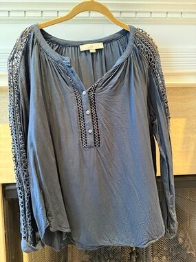LOFT Women's Slate Blue Crochet-Trim Long Sleeve Blouse